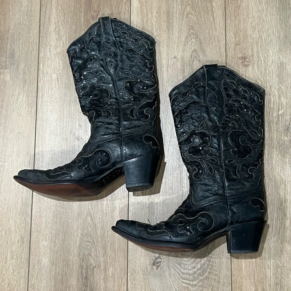 Corral Women’s Black Western Leather Boots with Sequin Inlay size 7 - Picture 2 of 11